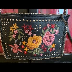 Topshop black leather embroidered crossbody bag